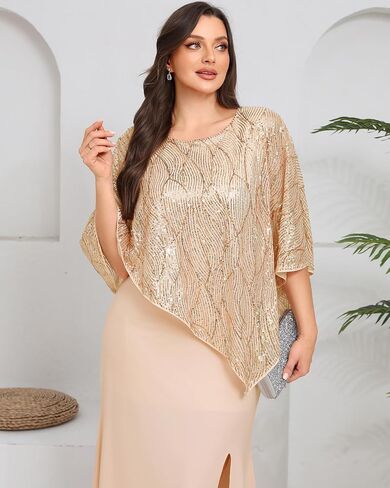 Plus Size Formal Dress - Wedding Guest Long Evening Cocktail Mermaid Dress with Sequin Overlay Cape in Saudi Arabia