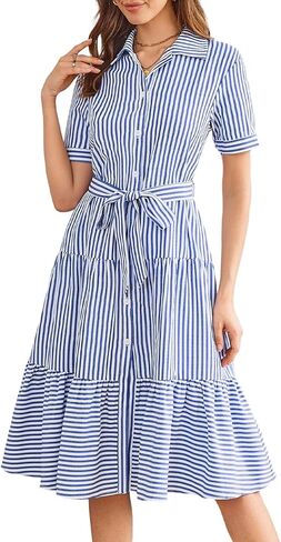 Brovave Summer Midi Dress للنساء: زر مخطط أسفل الملابس غير الرسمية - فساتين الأكمام القصيرة الأنيقة المتدفق in Kuwait