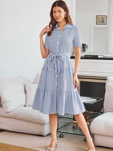 Brovave Summer Midi Dress للنساء: زر مخطط أسفل الملابس غير الرسمية - فساتين الأكمام القصيرة الأنيقة المتدفق in Kuwait