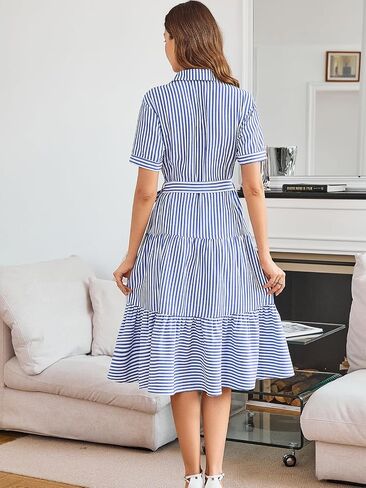 Brovave Summer Midi Dress للنساء: زر مخطط أسفل الملابس غير الرسمية - فساتين الأكمام القصيرة الأنيقة المتدفق in Kuwait