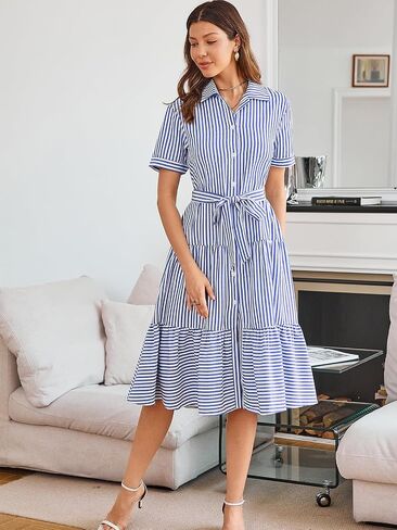 Brovave Summer Midi Dress للنساء: زر مخطط أسفل الملابس غير الرسمية - فساتين الأكمام القصيرة الأنيقة المتدفق in Kuwait