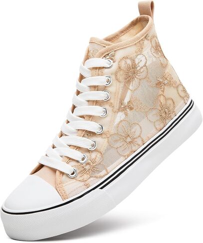 Zgr Womens High Top Sneakers مع زهرة التطريز ، أحذية قماش دانتيل شبكية غير رسمية ، أحذية التنس الصيفية البيضاء للنساء in Kuwait