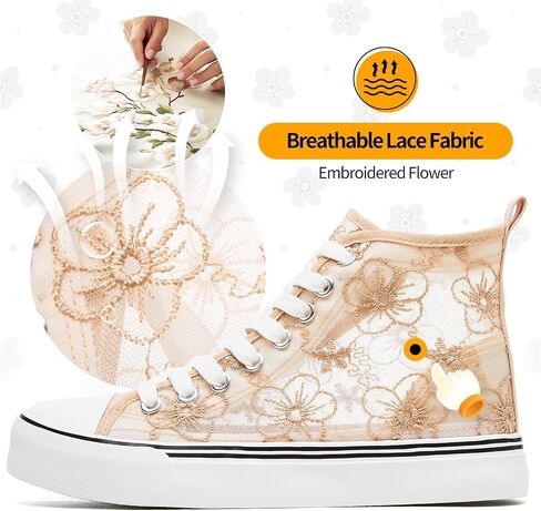 Zgr Womens High Top Sneakers مع زهرة التطريز ، أحذية قماش دانتيل شبكية غير رسمية ، أحذية التنس الصيفية البيضاء للنساء in Kuwait