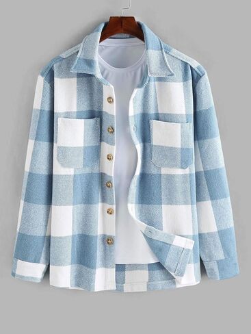 ZAFUL Men's Plaids Shirt Long Sleeve Button Down Lightweight Flannel Jacket Wool Blend Shacket Casual Shirts with Pockets in Saudi Arabia