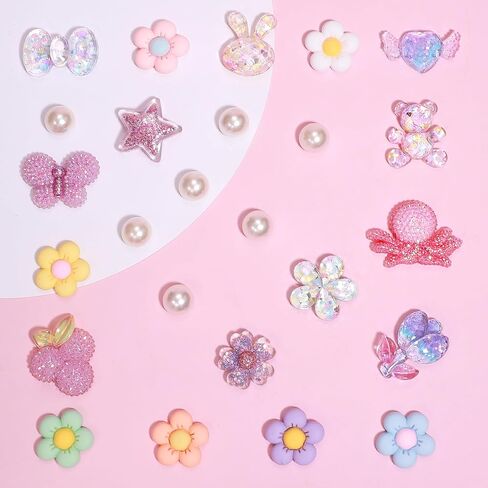 25pcs سحر أحذية زهرة ملونة للفتيات السد من الصنادل ، القلب ، القوس ، إكسسوارات اللؤلؤ ، سحر الديكور أحذية DIY للنساء in Kuwait