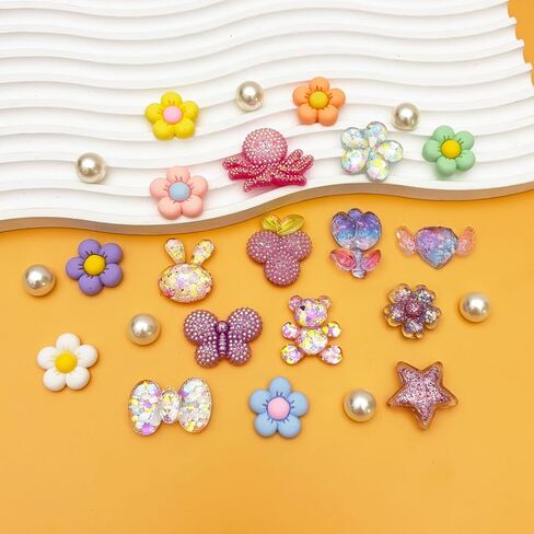 25pcs سحر أحذية زهرة ملونة للفتيات السد من الصنادل ، القلب ، القوس ، إكسسوارات اللؤلؤ ، سحر الديكور أحذية DIY للنساء in Kuwait
