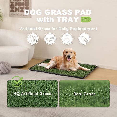 HQ4US Dog Grass Pad مع صينية كبيرة 34 "× 23" مرحاض صندوق القمامة مع 2 × العشب الاصطناعي للكلاب مع حافة الحافة ، والفساتس للكلاب ، واقعية ، أقل نتن ، قعادة للشرفة in Kuwait