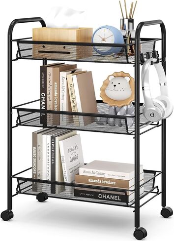 TOOLF 3-Tier Metal Rolling Cart, Mesh Wire Easy Assemble Utility Cart, Storage Trolley on Wheels with 3 Hooks, MetalStorage Shelving Units for Kitchen Bathroom Laundry Room in Kuwait