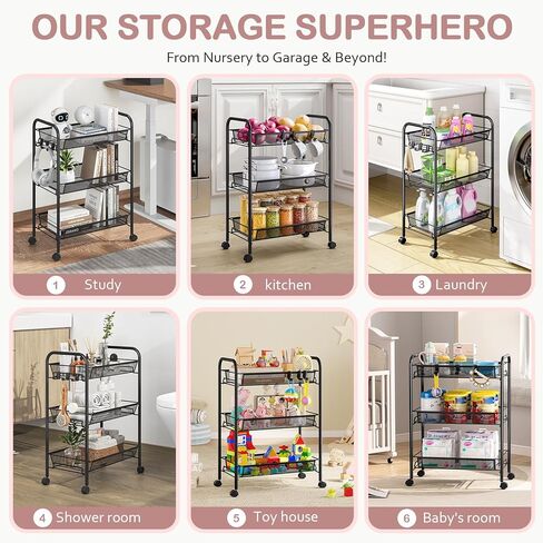 TOOLF 3-Tier Metal Rolling Cart, Mesh Wire Easy Assemble Utility Cart, Storage Trolley on Wheels with 3 Hooks, MetalStorage Shelving Units for Kitchen Bathroom Laundry Room in Kuwait