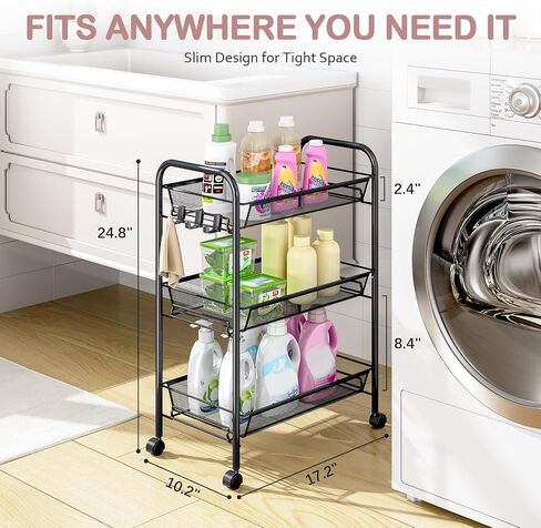 TOOLF 3-Tier Metal Rolling Cart, Mesh Wire Easy Assemble Utility Cart, Storage Trolley on Wheels with 3 Hooks, MetalStorage Shelving Units for Kitchen Bathroom Laundry Room in Kuwait