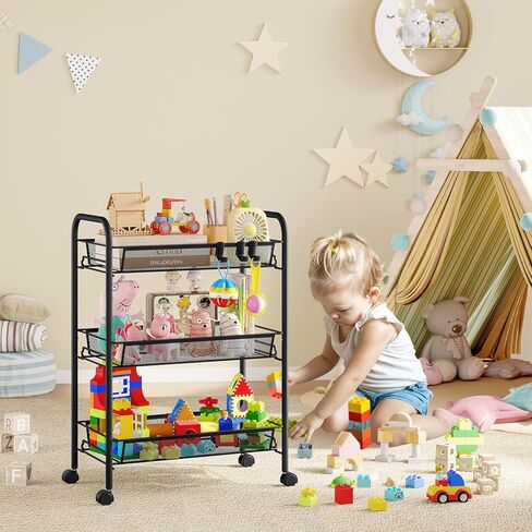 TOOLF 3-Tier Metal Rolling Cart, Mesh Wire Easy Assemble Utility Cart, Storage Trolley on Wheels with 3 Hooks, MetalStorage Shelving Units for Kitchen Bathroom Laundry Room in Kuwait