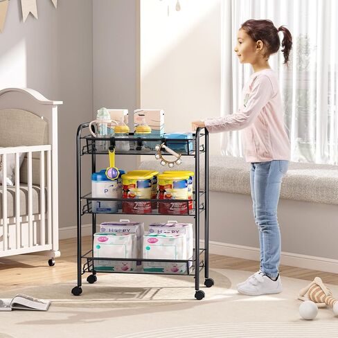 TOOLF 3-Tier Metal Rolling Cart, Mesh Wire Easy Assemble Utility Cart, Storage Trolley on Wheels with 3 Hooks, MetalStorage Shelving Units for Kitchen Bathroom Laundry Room in Kuwait