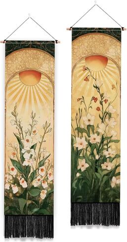 PLIGREAT 2 Pack Arched Sun and Moon Plant Pattern Vertical Tapestry Vintage Aesthetic Wall Hanging for Bedroom Living Room Office Home Decor Long Narrow Art Tapestry with Tassels, 52" x 13" in Saudi Arabia