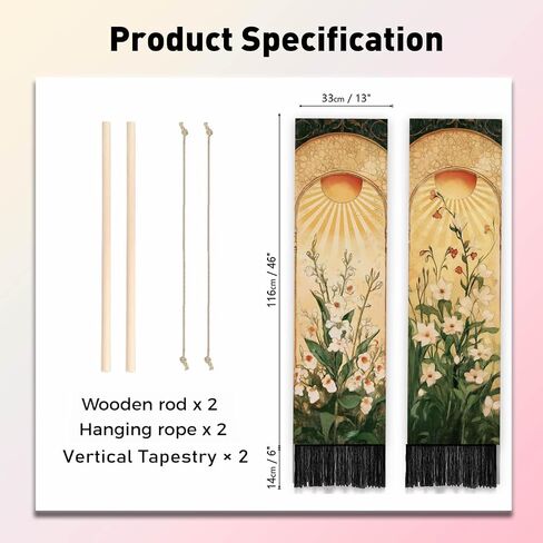 PLIGREAT 2 Pack Arched Sun and Moon Plant Pattern Vertical Tapestry Vintage Aesthetic Wall Hanging for Bedroom Living Room Office Home Decor Long Narrow Art Tapestry with Tassels, 52" x 13" in Saudi Arabia