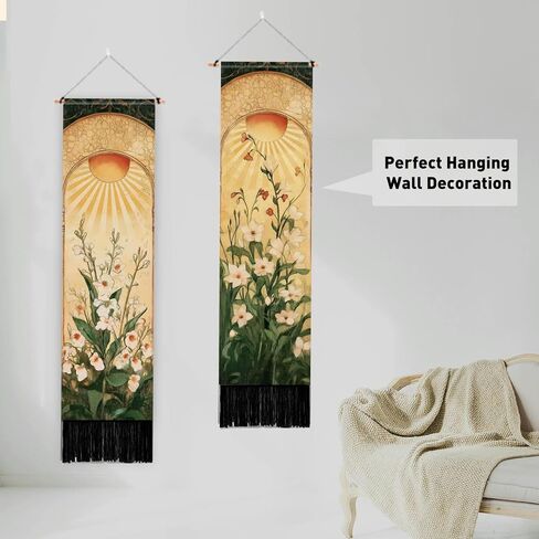 PLIGREAT 2 Pack Arched Sun and Moon Plant Pattern Vertical Tapestry Vintage Aesthetic Wall Hanging for Bedroom Living Room Office Home Decor Long Narrow Art Tapestry with Tassels, 52" x 13" in Saudi Arabia