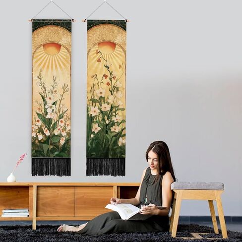 PLIGREAT 2 Pack Arched Sun and Moon Plant Pattern Vertical Tapestry Vintage Aesthetic Wall Hanging for Bedroom Living Room Office Home Decor Long Narrow Art Tapestry with Tassels, 52" x 13" in Saudi Arabia