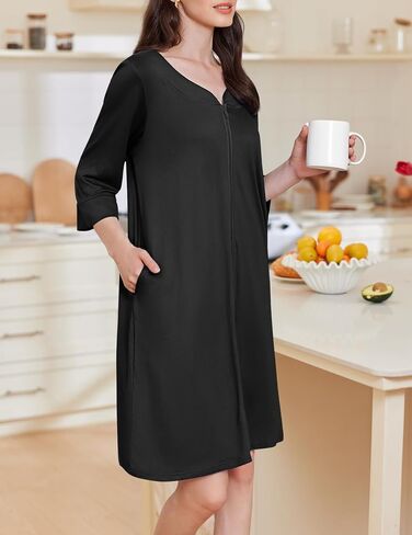 Ekouaer Zipper Robes for Women 3/4 Sleeves Housecoat Soft Nightgowns Sleepwear Mumu House Dresses with Pockets S-3XL in Saudi Arabia