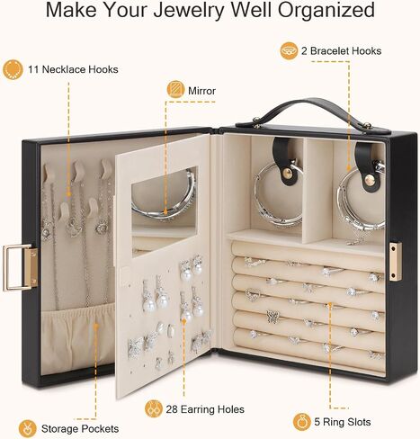 DesignSter Jewelry Box Organizer, Portable Jewelry Storage Box with Mirror, Travel Jewelry Case with Handle for Rings Earrings Bracelets Necklaces(Black Brown & Apricot) in Kuwait
