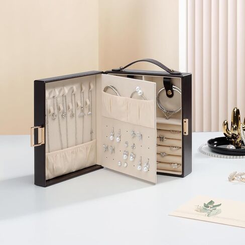 DesignSter Jewelry Box Organizer, Portable Jewelry Storage Box with Mirror, Travel Jewelry Case with Handle for Rings Earrings Bracelets Necklaces(Black Brown & Apricot) in Kuwait