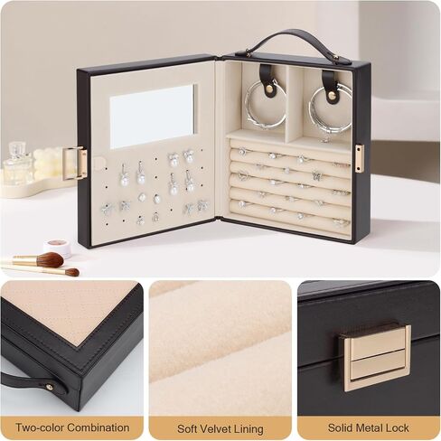 DesignSter Jewelry Box Organizer, Portable Jewelry Storage Box with Mirror, Travel Jewelry Case with Handle for Rings Earrings Bracelets Necklaces(Black Brown & Apricot) in Kuwait