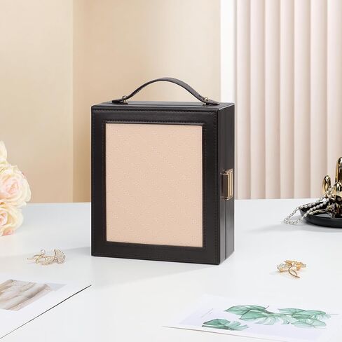 DesignSter Jewelry Box Organizer, Portable Jewelry Storage Box with Mirror, Travel Jewelry Case with Handle for Rings Earrings Bracelets Necklaces(Black Brown & Apricot) in Kuwait