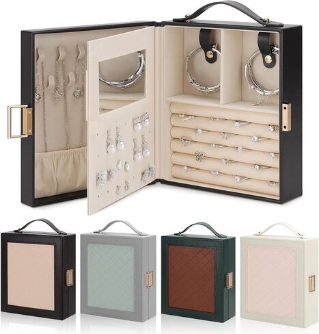 DesignSter Jewelry Box Organizer, Portable Jewelry Storage Box with Mirror, Travel Jewelry Case with Handle for Rings Earrings Bracelets Necklaces(Black Brown & Apricot) in Kuwait