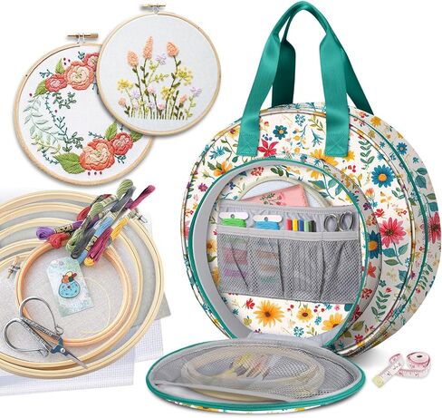 FINPAC Embroidery Project Bag, Embroidery Supplies Storage Carrying Tote Case with Multiple Pockets for Floss, Hoops, Thread, Stitch Tools Kit [Bag Only] in Kuwait
