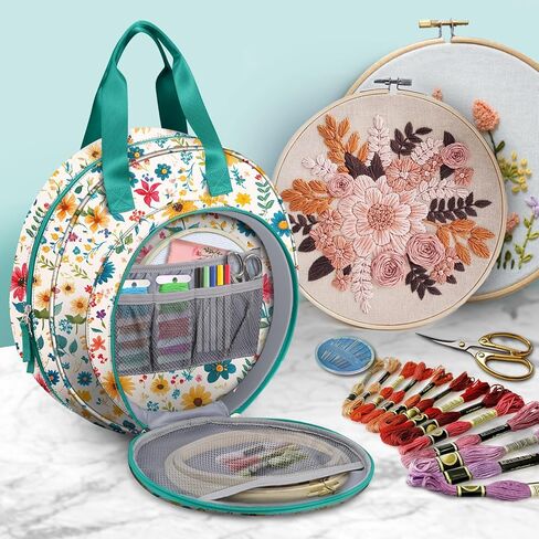 FINPAC Embroidery Project Bag, Embroidery Supplies Storage Carrying Tote Case with Multiple Pockets for Floss, Hoops, Thread, Stitch Tools Kit [Bag Only] in Kuwait