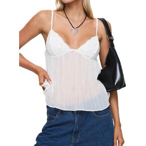 Women Lace Trim Spaghetti Strap Camisoles V Neck Tie Back Crop Tops Sleeveless Backless Tank Tops in Kuwait