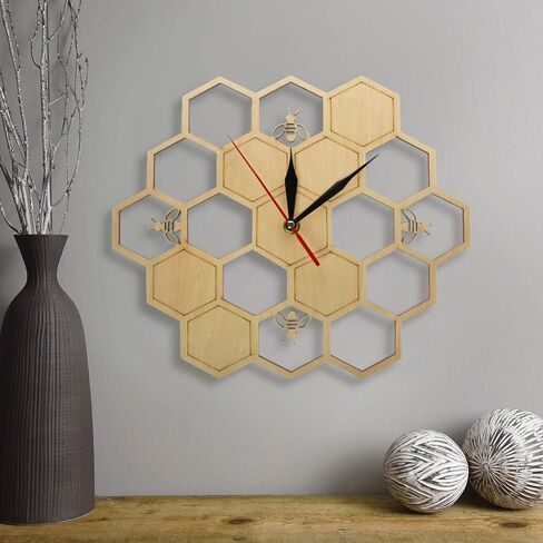 Bees and Honeycomb Natural 12 Inches Slient Wooden Clock with Retro Design,Battery Operated Wall Clock for Living Room,Bedroom and Office Decor in Saudi Arabia
