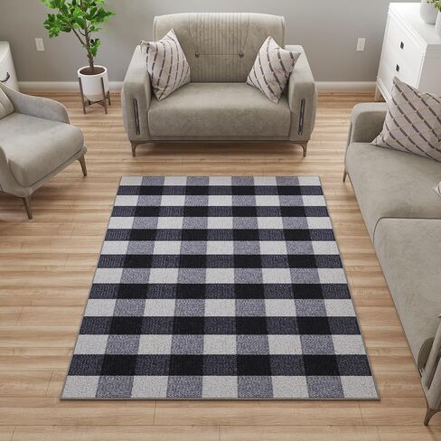 Ottomanson 5' x 6'6" Rugs for Living Room Buffalo Plaid Area Rug for Bedroom - Non Slip Durable Large Floor Carpet for High Traffic Area - Indoor Rug for Dining Room Kitchen Kids Playroom, Black/White in Kuwait