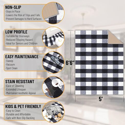 Ottomanson 5' x 6'6" Rugs for Living Room Buffalo Plaid Area Rug for Bedroom - Non Slip Durable Large Floor Carpet for High Traffic Area - Indoor Rug for Dining Room Kitchen Kids Playroom, Black/White in Kuwait