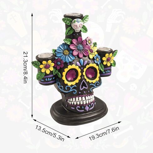 Day of The Dead Decorations, 8.4" H Resin Dia De Los Muertos Candle Holder Ofrenda Altar Sugar Skull Figurines, Mexican Halloween Indoor Table Top Centerpiece Decor in Kuwait