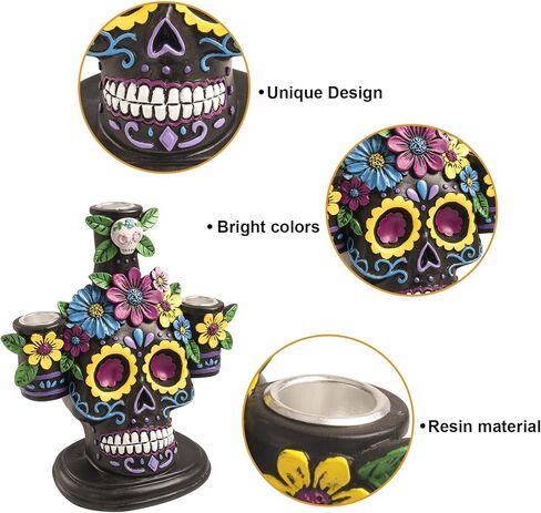 Day of The Dead Decorations, 8.4" H Resin Dia De Los Muertos Candle Holder Ofrenda Altar Sugar Skull Figurines, Mexican Halloween Indoor Table Top Centerpiece Decor in Kuwait