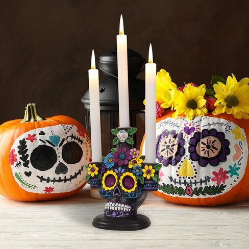 Day of The Dead Decorations, 8.4" H Resin Dia De Los Muertos Candle Holder Ofrenda Altar Sugar Skull Figurines, Mexican Halloween Indoor Table Top Centerpiece Decor in Kuwait