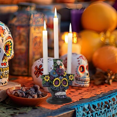 Day of The Dead Decorations, 8.4" H Resin Dia De Los Muertos Candle Holder Ofrenda Altar Sugar Skull Figurines, Mexican Halloween Indoor Table Top Centerpiece Decor in Kuwait