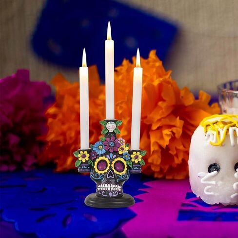 Day of The Dead Decorations, 8.4" H Resin Dia De Los Muertos Candle Holder Ofrenda Altar Sugar Skull Figurines, Mexican Halloween Indoor Table Top Centerpiece Decor in Kuwait