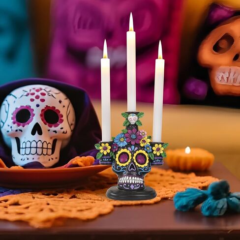 Day of The Dead Decorations, 8.4" H Resin Dia De Los Muertos Candle Holder Ofrenda Altar Sugar Skull Figurines, Mexican Halloween Indoor Table Top Centerpiece Decor in Kuwait