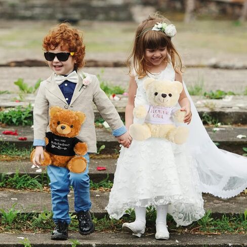 Jexine 2 Pieces Wedding 10 Inch Bear Stuffed Animal Will You Be My Flower Girl Ring Bearer Proposal Gifts from Bride Groom with Clothing for Wedding Boy Flower Girl Proposal Anniversary Party in Saudi Arabia