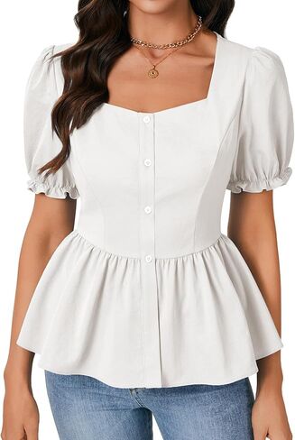 Vrtige Women's Casual Square Neck Puff Short Sleeve Peplum Button Down Top Babydoll Blouse in Saudi Arabia