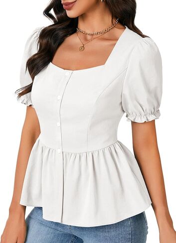 Vrtige Women's Casual Square Neck Puff Short Sleeve Peplum Button Down Top Babydoll Blouse in Saudi Arabia