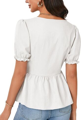 Vrtige Women's Casual Square Neck Puff Short Sleeve Peplum Button Down Top Babydoll Blouse in Saudi Arabia