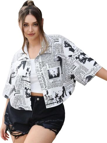 Wdirara Women's Plus Size Newspaper Printed Blouse Button Pront -Sleeve Disual Crot Collared Dirtts Outerwear Blouses in Saudi Arabia