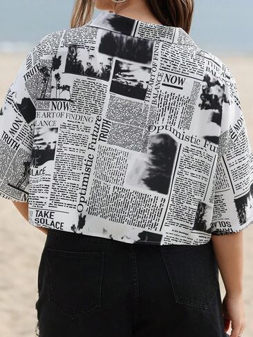 Wdirara Women's Plus Size Newspaper Printed Blouse Button Pront -Sleeve Disual Crot Collared Dirtts Outerwear Blouses in Saudi Arabia