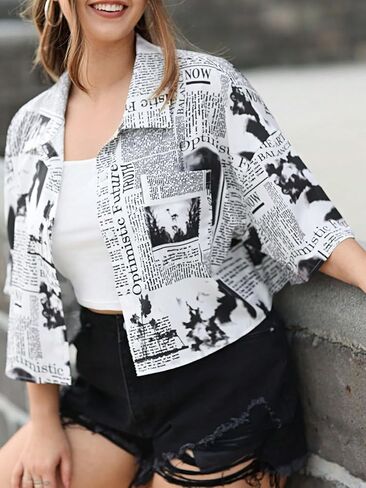 Wdirara Women's Plus Size Newspaper Printed Blouse Button Pront -Sleeve Disual Crot Collared Dirtts Outerwear Blouses in Saudi Arabia