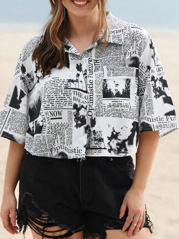 Wdirara Women's Plus Size Newspaper Printed Blouse Button Pront -Sleeve Disual Crot Collared Dirtts Outerwear Blouses in Saudi Arabia