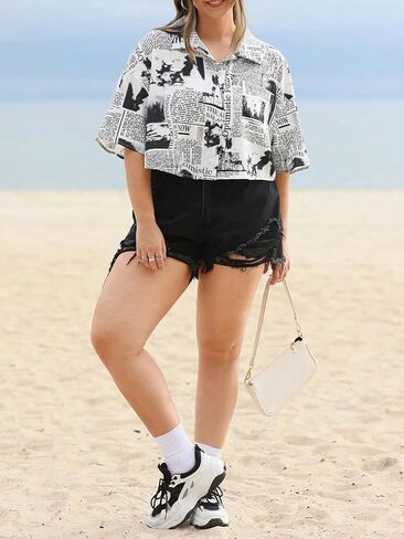 Wdirara Women's Plus Size Newspaper Printed Blouse Button Pront -Sleeve Disual Crot Collared Dirtts Outerwear Blouses in Saudi Arabia