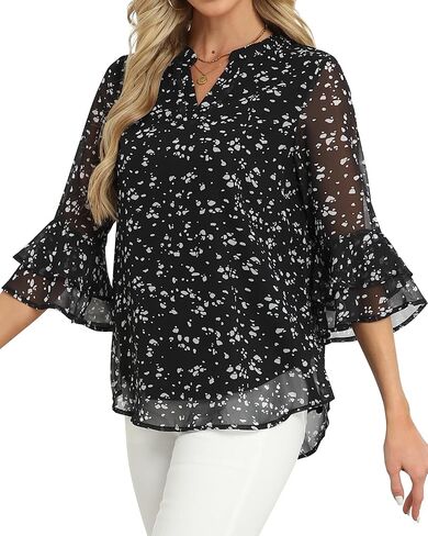 LOUSGUTA Women Bell Sleeve Tops with 3/4 Sleeve Double Layered Ruffle Chiffon Blouse for Work Dressy Casual Tiered Shirt in Saudi Arabia