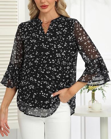 LOUSGUTA Women Bell Sleeve Tops with 3/4 Sleeve Double Layered Ruffle Chiffon Blouse for Work Dressy Casual Tiered Shirt in Saudi Arabia