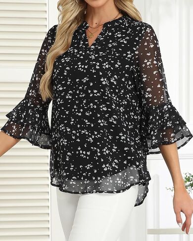LOUSGUTA Women Bell Sleeve Tops with 3/4 Sleeve Double Layered Ruffle Chiffon Blouse for Work Dressy Casual Tiered Shirt in Saudi Arabia